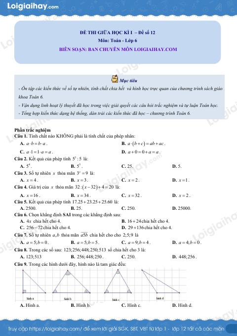 Đề thi giữa kì 1 Toán 6 - Đề số 12